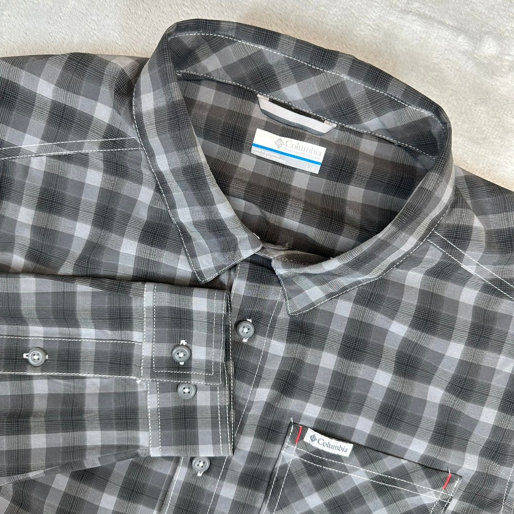 Columbia Shirt Mens Large Grey Plaid Long Sleeve Button‎ Down XO1446 Stretch